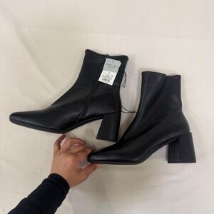 Black leather ankle boots with square toe and block heel, size US 11
